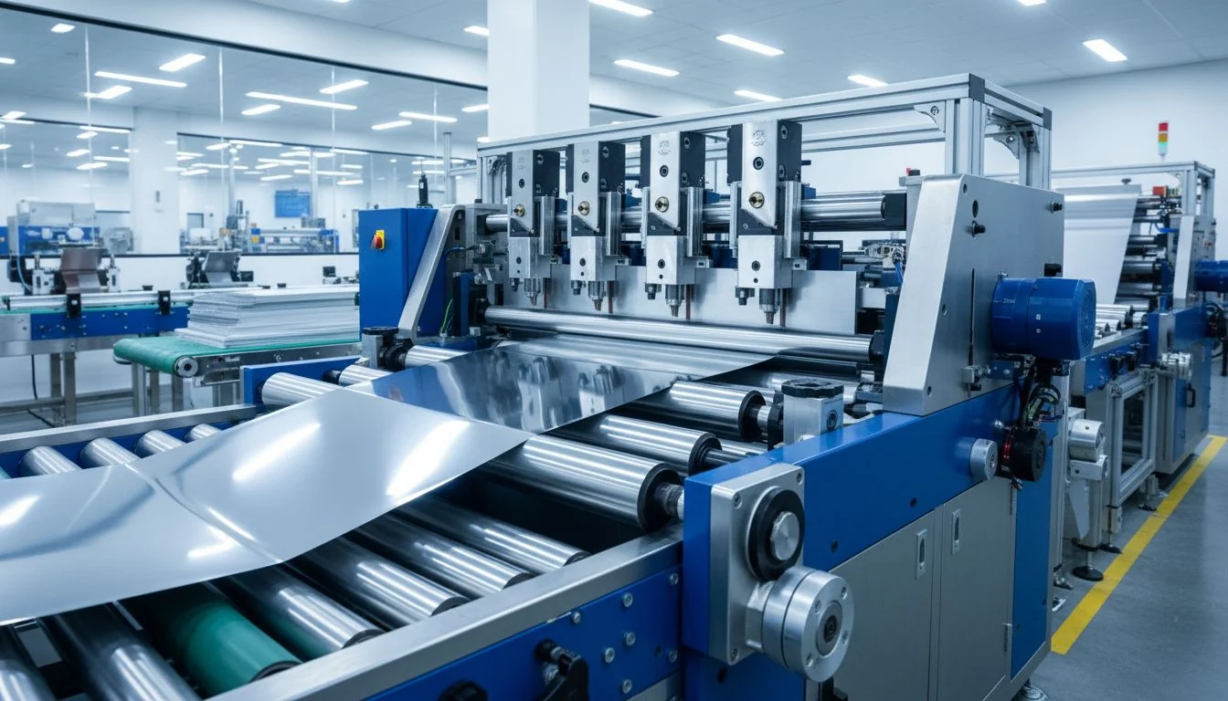 clean aluminium foil cutting equipment Industrial aluminium foil cutting machine operating at high speed in a modern factory setting with precision and efficiency.