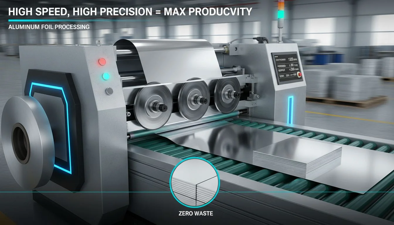 AI in industrial cutting machines Aluminum foil processing machine in factory setting