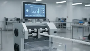Close-up of a high-speed rope manufacturing machine in a modern factory setting.