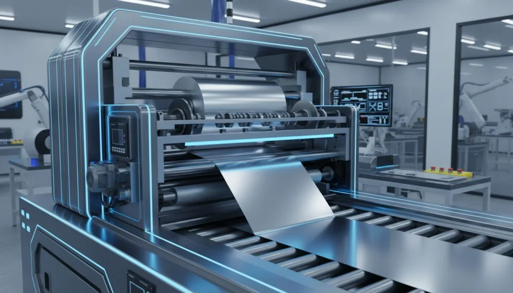 Advanced aluminium foil cutting machine in a modern factory setting.