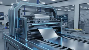 Advanced aluminium foil cutting machine in a modern factory setting.