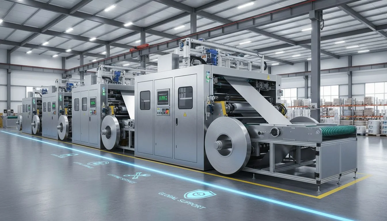 bulk pricing aluminium foil cutters Modern aluminium foil cutting machines in a spacious factory setting, showcasing advanced technology and efficiency.