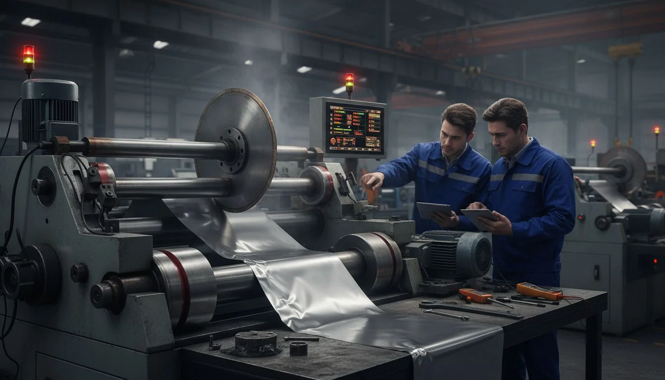 high accuracy aluminium foil cutting Technicians operating an industrial aluminium foil cutting machine in a factory setting.
