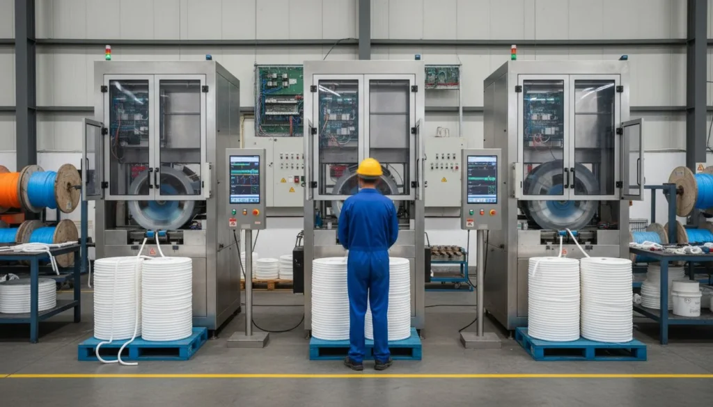 Worker in blue uniform operates automated machinery in factory setting.