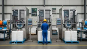 Worker in blue uniform operates automated machinery in factory setting.