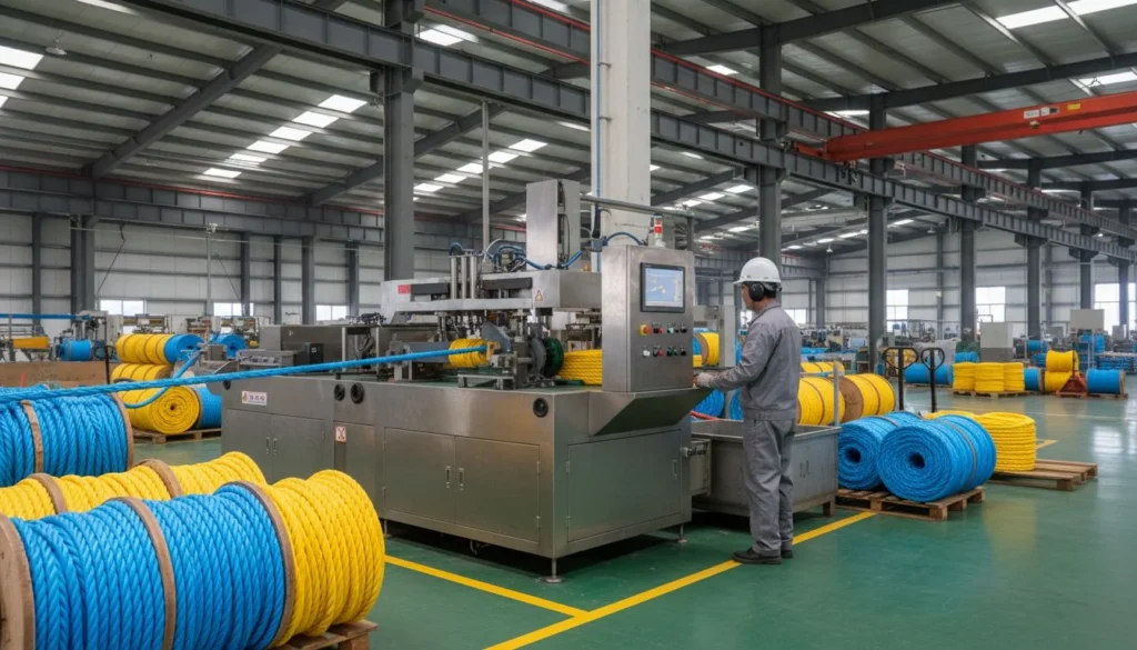 Worker operates machinery in a rope manufacturing factory with spools of blue and yellow ropes.