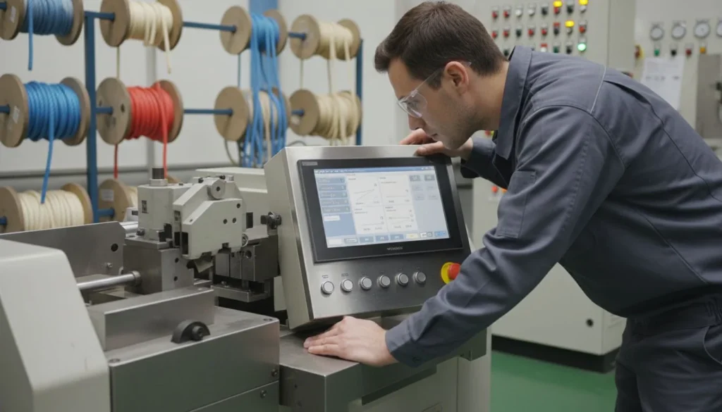 Technician calibrating industrial machine in a factory setting