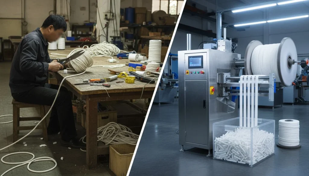 Comparison of manual rope crafting and automated rope machine in factory setting.