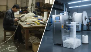 Comparison of manual rope crafting and automated rope machine in factory setting.