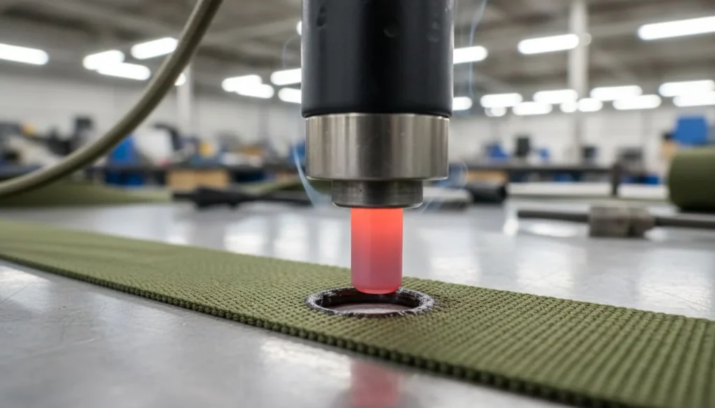 Close-up of laser cutting fabric in an industrial environment