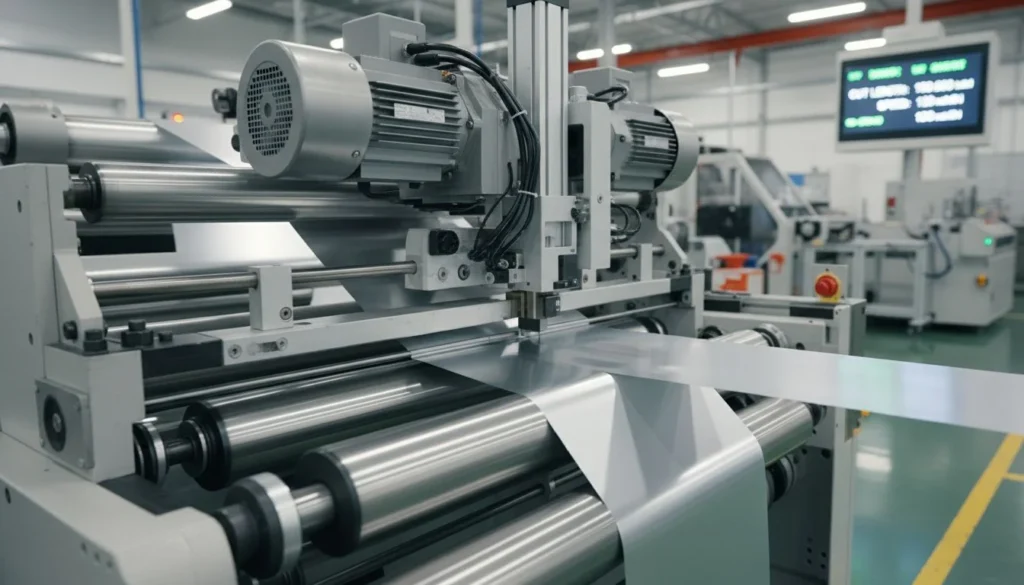 Industrial servo motor driven aluminium foil cutting machine in action